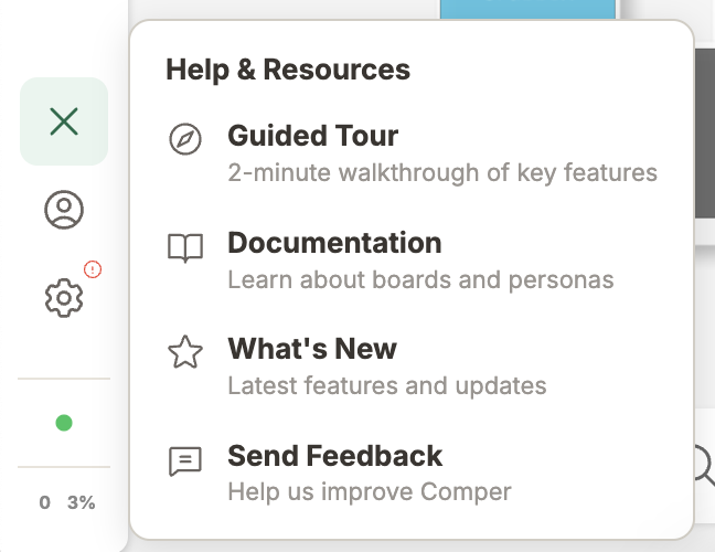 Comper in-product Help & Resources panel