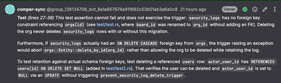 Comper review comment on a merge request explaining why a test assertion cannot fail and how to test it properly