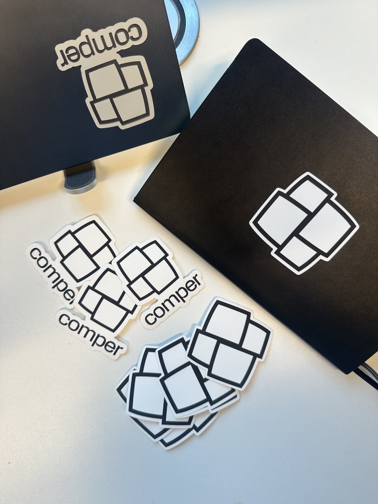 Comper swag stickers and notebook